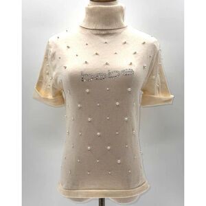 Bebe Cream Short Sleeve Turtleneck Pearl Sequin Logo Sweater- L